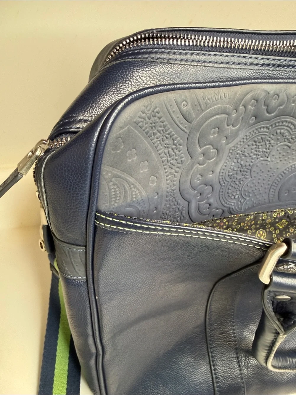 Robert Graham Navy Leather Laptop Bag with Blue and Green Strap